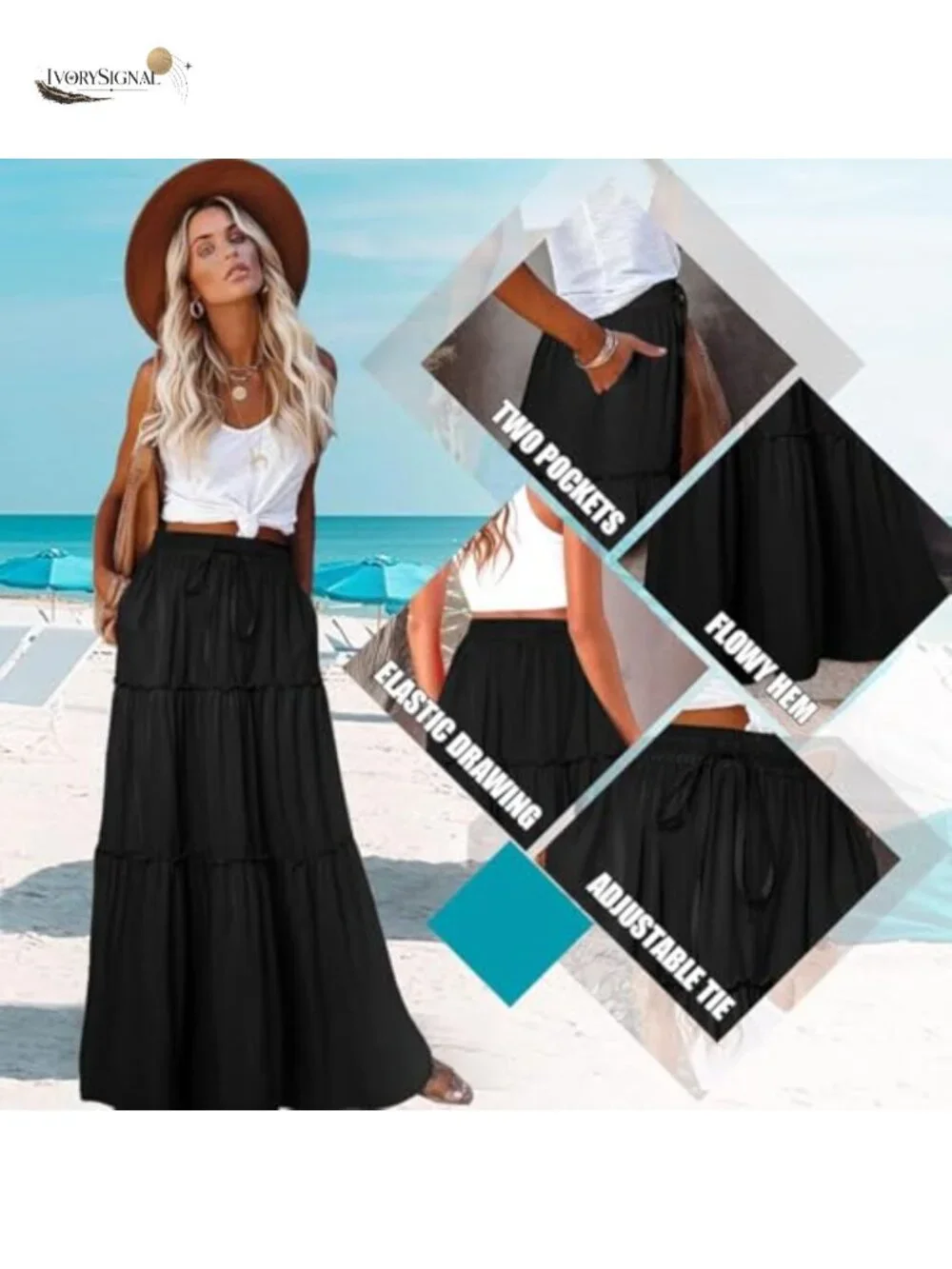Boho Maxi Skirt for Women High Waist Flowy Long Tiered Skirt with Pockets